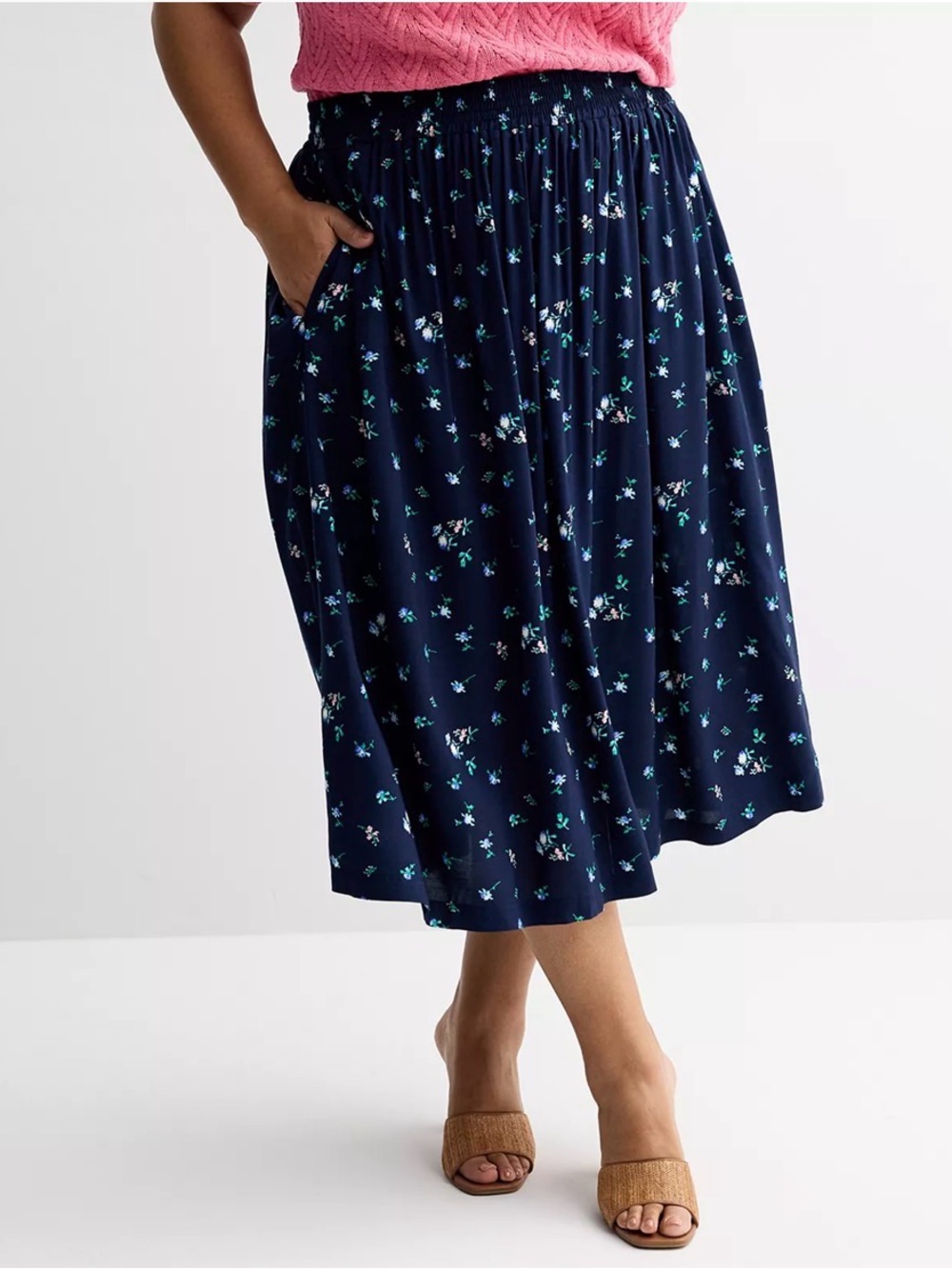 croft & barrow Navy Floral Elastic-Waist Midi Skirt